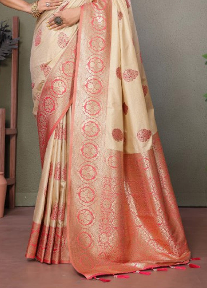 Cream Spun Silk Saree With Blouse Piece Cheap Sale Cheapest