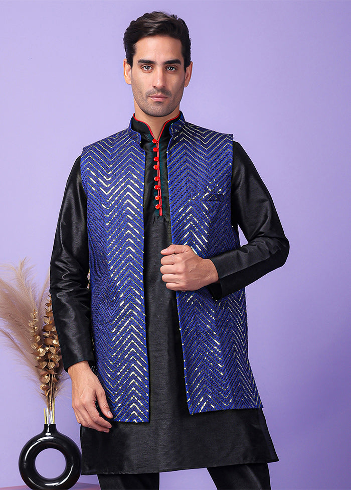 3 Pc Navy Blue Silk Nehru Set Sale Cheapest