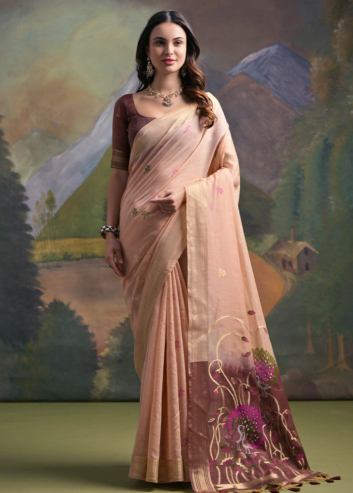 Peach Pure Cotton Saree With Blouse Piece Choice Online