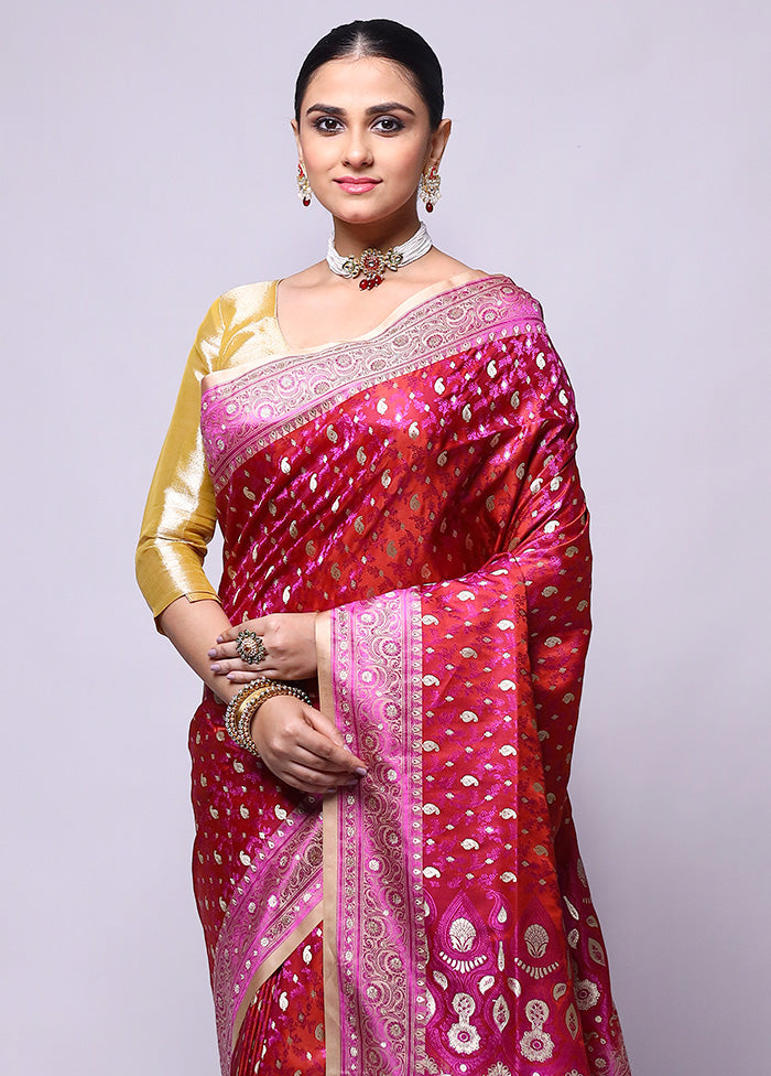 Red Tanchoi Silk Saree With Blouse Piece Free Shipping With Paypal