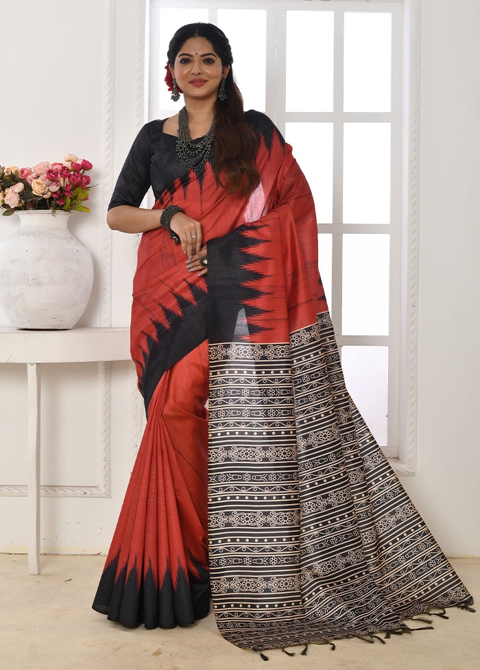 Red Tussar Silk Saree With Blouse Piece Pictures Online