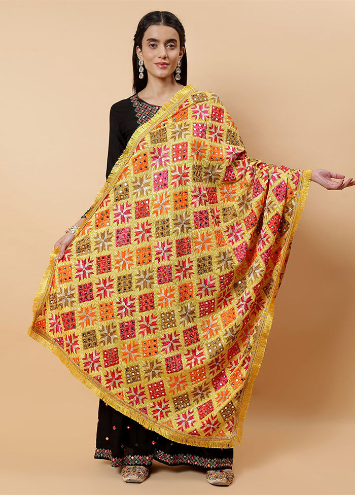 Yellow Chinon Phulkari Work Dupatta Online For Sale