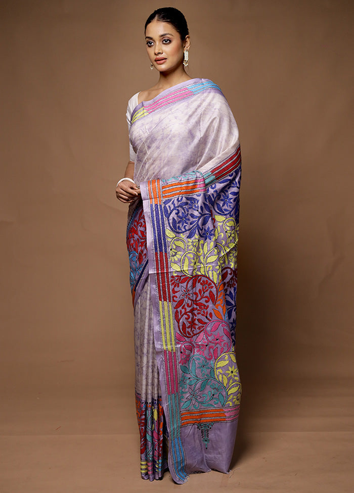 Grey Kantha Stitch Silk Saree With Blouse Piece Buy Cheap Wholesale Pice