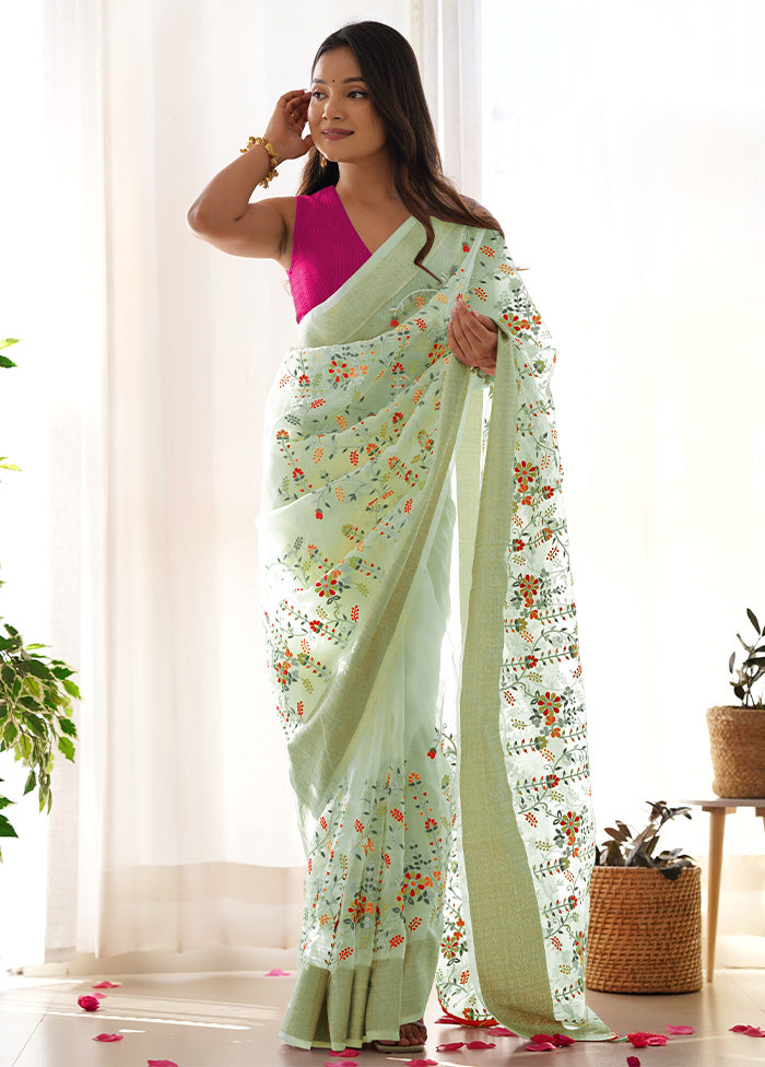 Pista Green Organza Saree With Blouse Piece Purchase For Sale