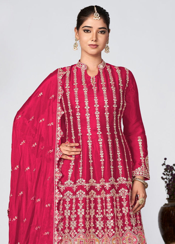 3 Pc Deep Pink Semi Stitched Silk Suit Set High Quality