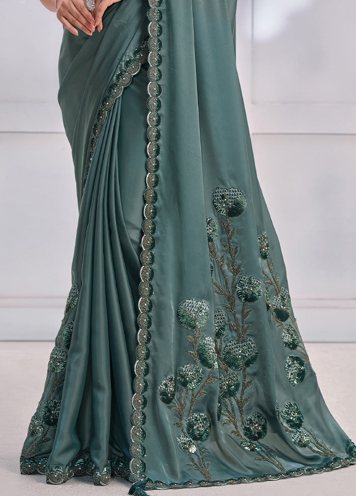 Sea Green Crepe Silk Saree With Blouse Piece Cheap Sale Comfortable