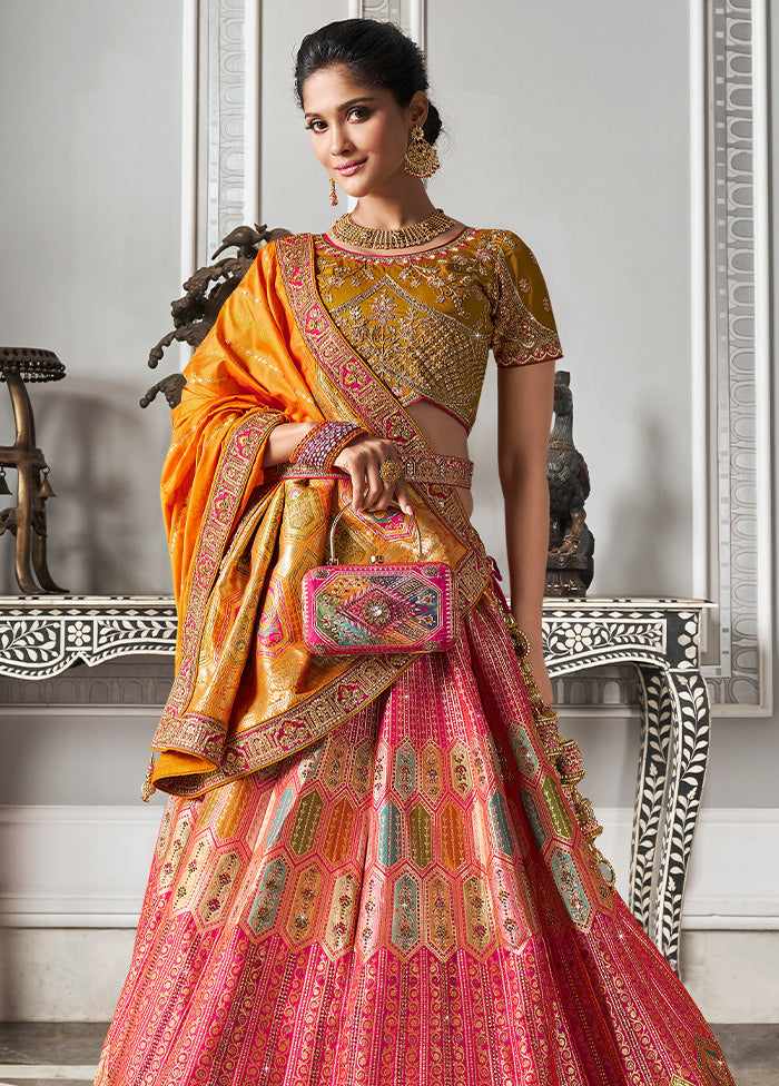 3 Pc Multicolor Silk Semi Stitched Lehenga Set Free Shipping Good Selling