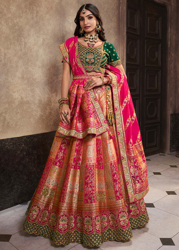 3 Pc Peach Silk Semi Stitched Lehenga Set Outlet For Nice