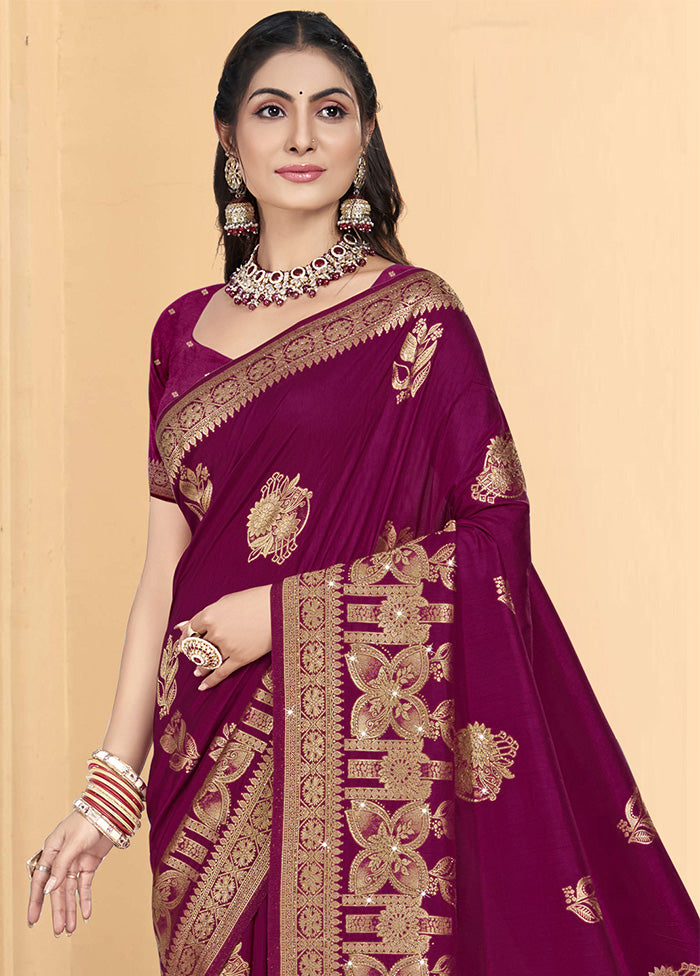 Wine Spun Silk Saree With Blouse Piece Geniue Stockist Cheap Online