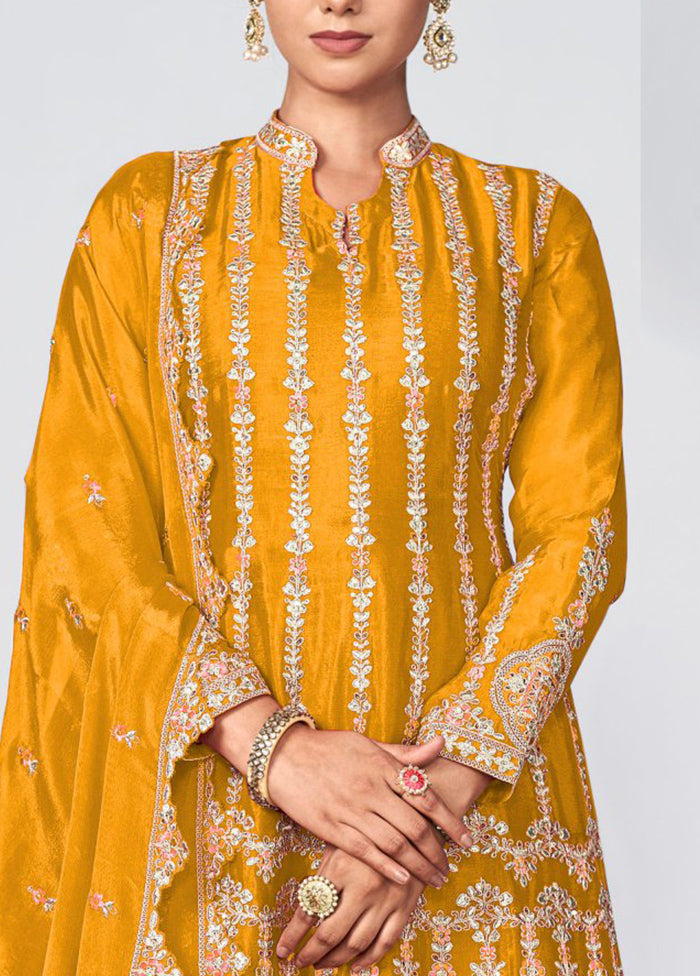 3 Pc Yellow Semi Stitched Silk Suit Set Cheap New Arrival