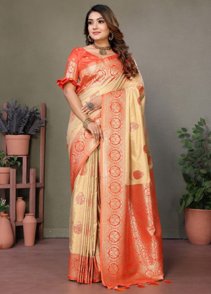 Cream Spun Silk Saree With Blouse Piece Free Shipping Exclusive