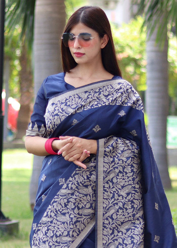 Navy Blue Spun Silk Saree With Blouse Piece Low Cost Online