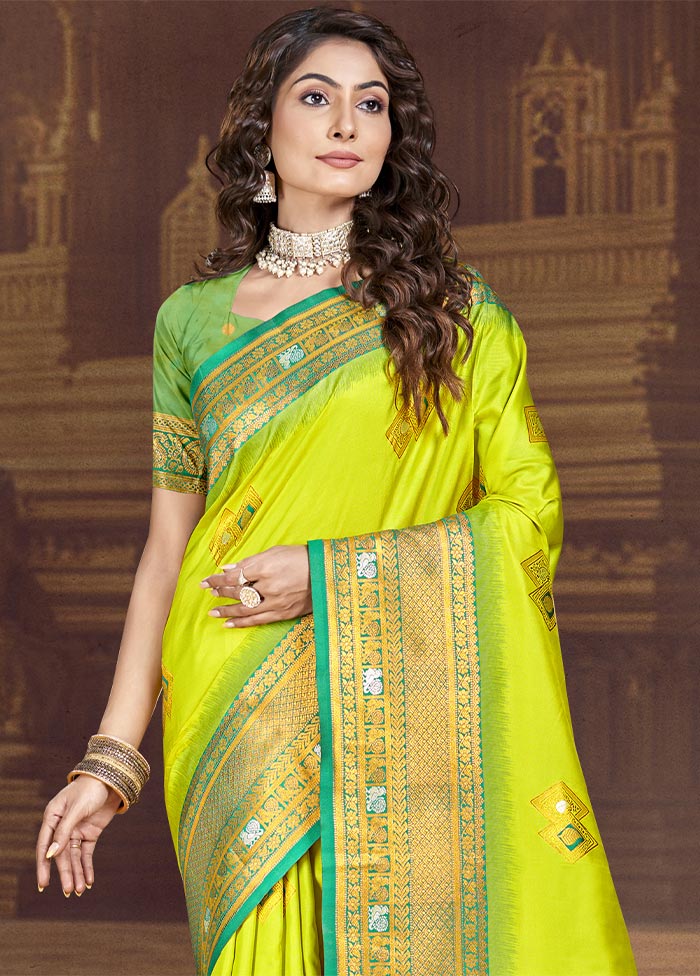 Parrot Green Dupion Silk Saree With Blouse Piece Cheap Sale Buy