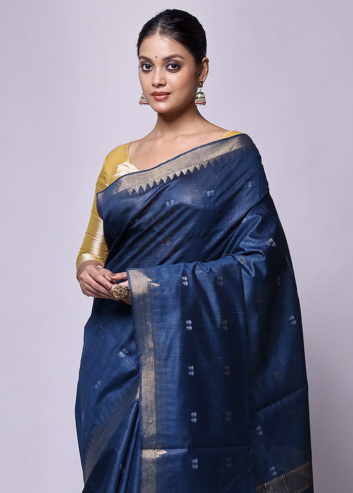 Blue Tussar Silk Saree With Blouse Piece Limited Edition Sale Online