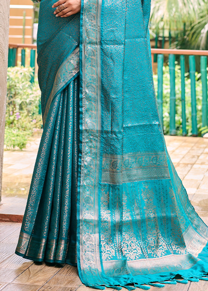 Turquoise Kanjivaram Silk Saree With Blouse Piece Cheapest Pice Online