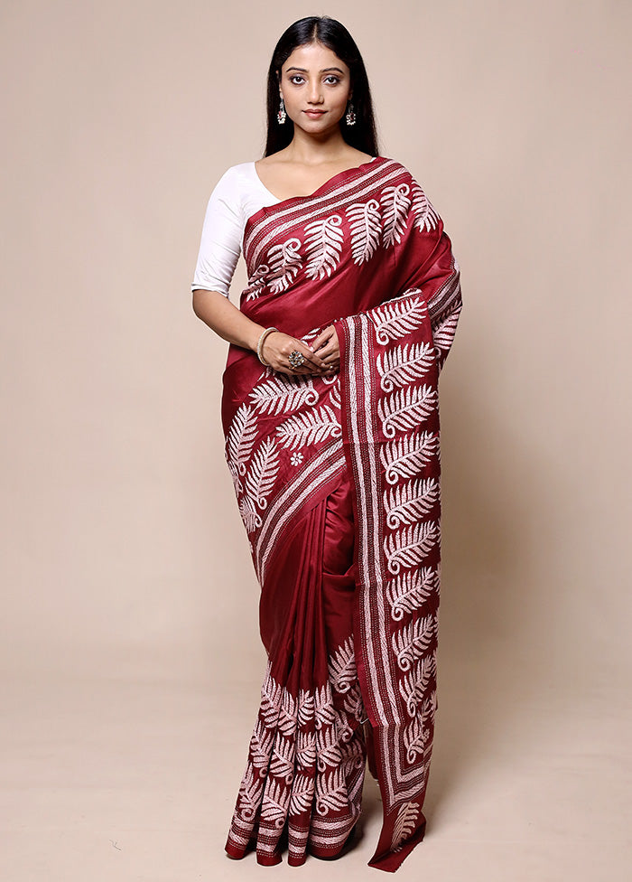 Red Handloom Kantha Stitch Pure Silk Saree With Blouse Piece Outlet New Arrival