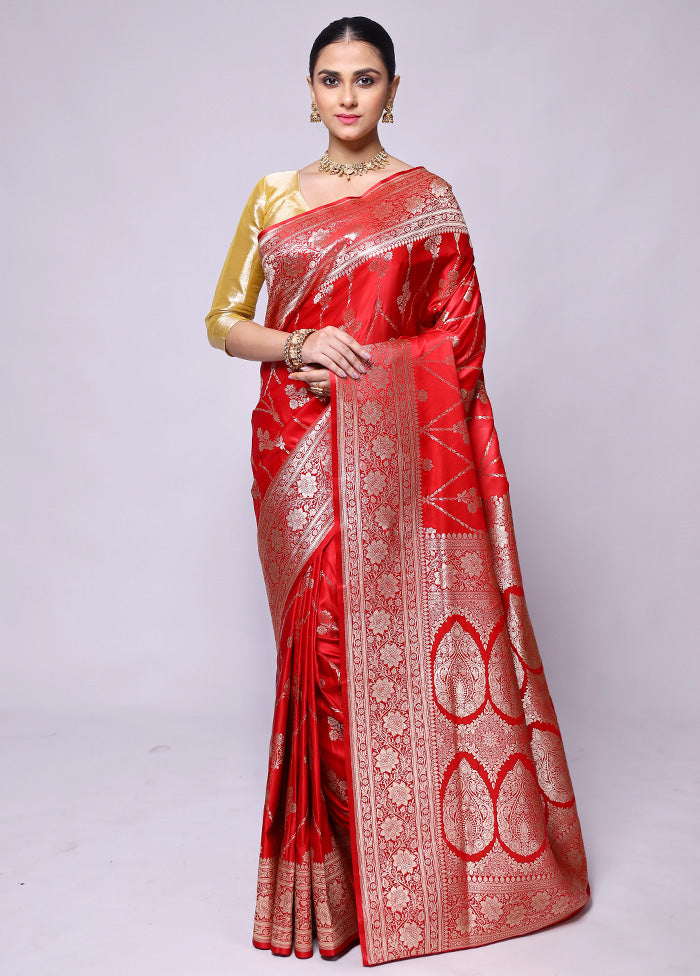 Red Banarasi Silk Saree With Blouse Piece Cheap Finishline