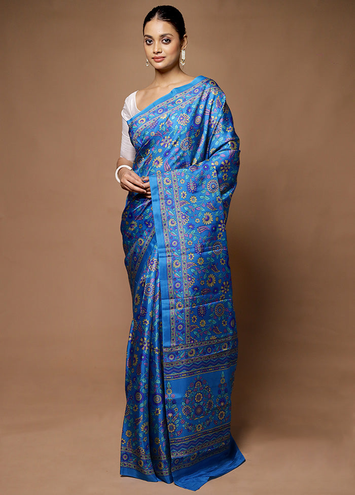 Blue Printed Pure Silk Saree Without Blouse Piece Sale Classic