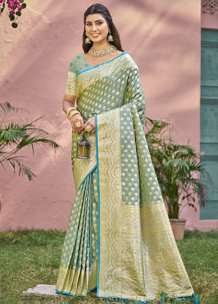 Green Spun Silk Saree With Blouse Piece Discount Cheap