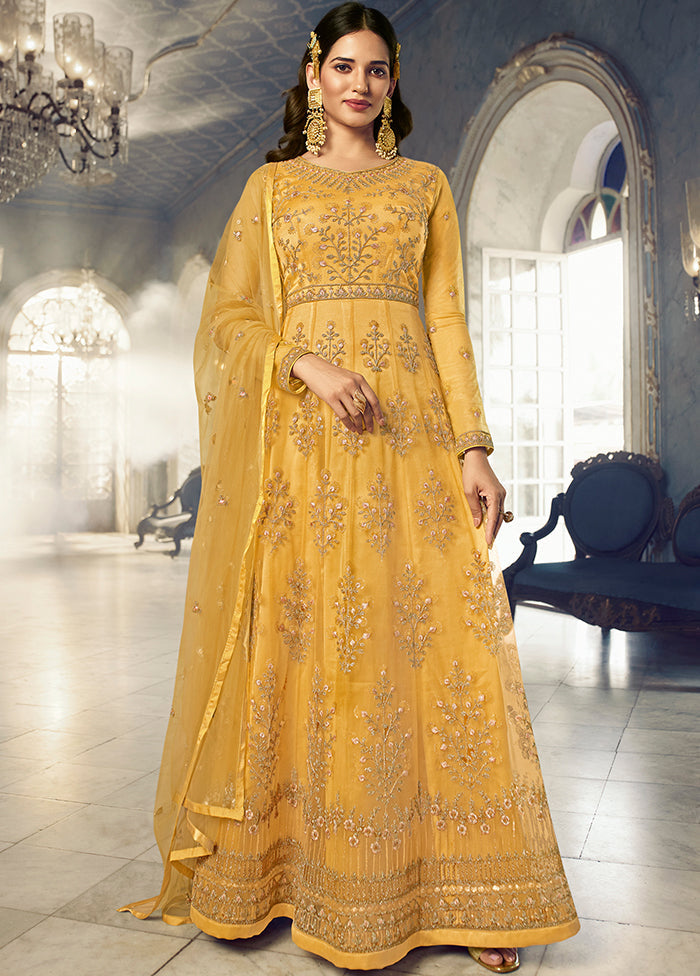 2 Pc Yellow Net Ethnic Dress With Dupatta Sale Enjoy