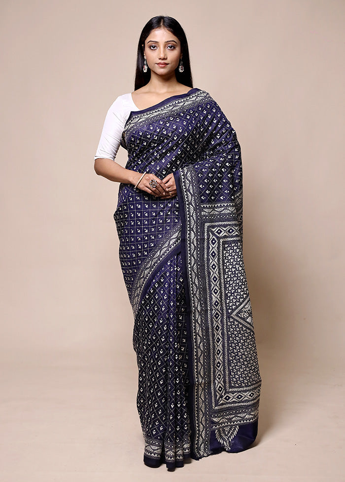 Violet Handloom Kantha Stitch Pure Silk Saree With Blouse Piece Outlet Where Can You Find