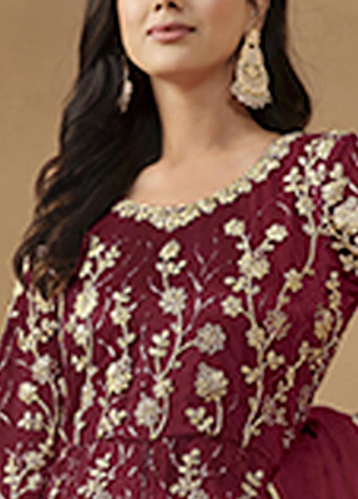 3 Pc Maroon Semi Stitched Net Suit Set Cheap Sale