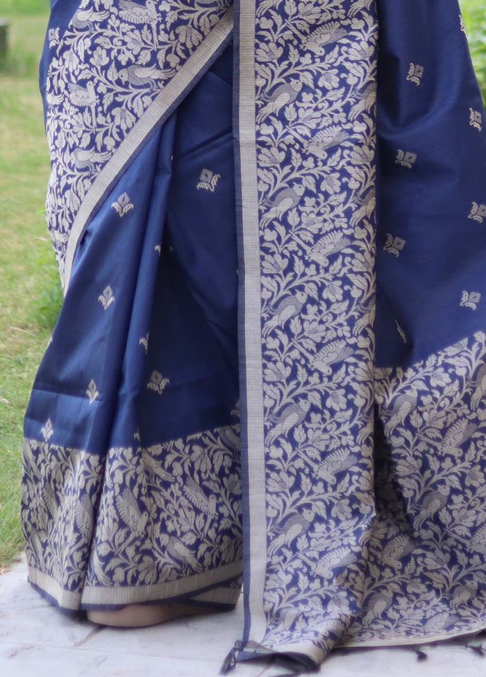 Navy Blue Spun Silk Saree With Blouse Piece Popular Sale Online