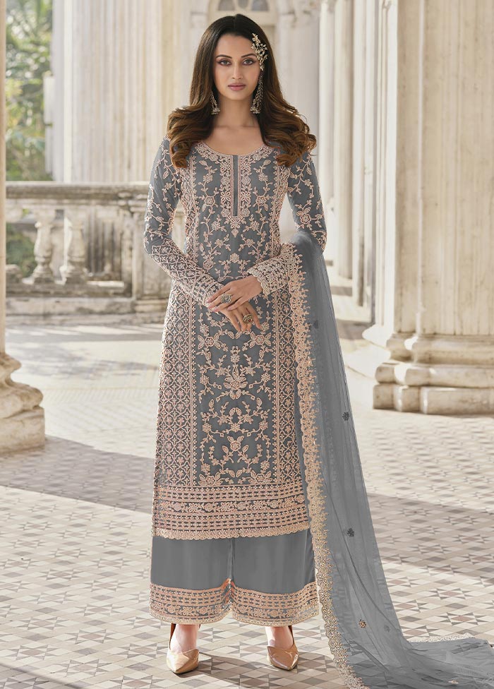 3 Pc Grey Semi Stitched Net Suit Set Clearance Official Site