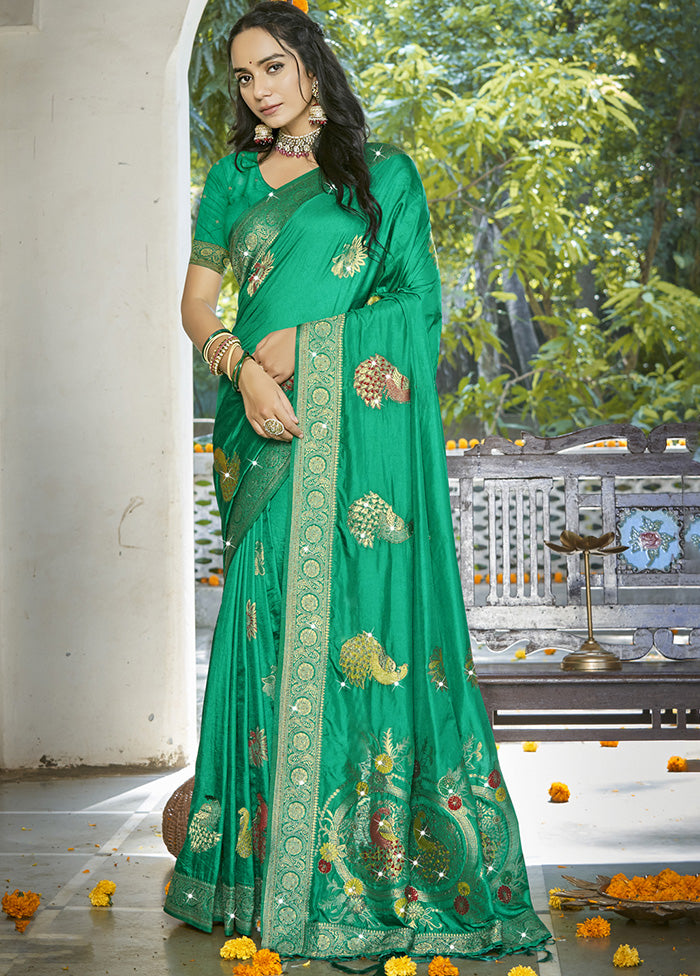 Green Spun Silk Saree With Blouse Piece Sale Nicekicks