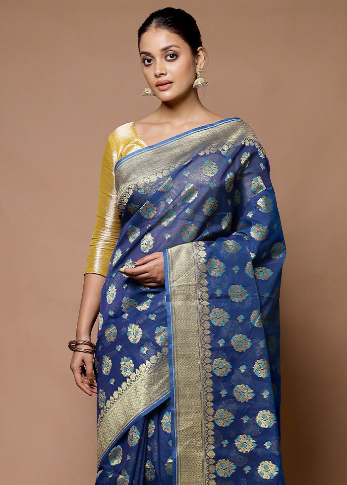 Blue Kora Silk Saree With Blouse Piece Outlet Best Pices