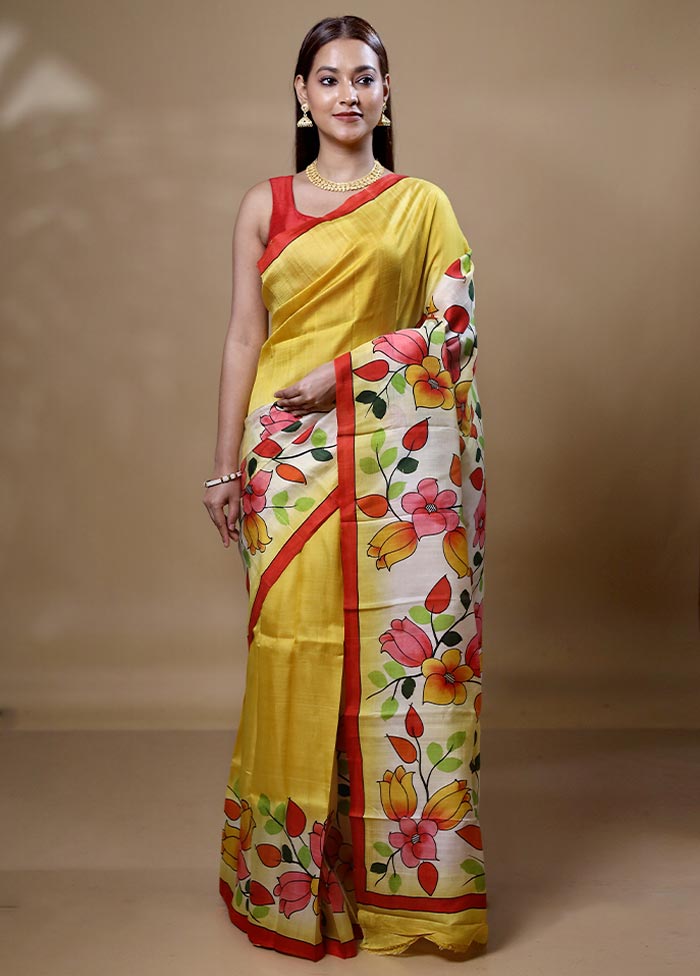 Yellow Printed Pure Silk Saree Without Blouse Piece Sale Wiki