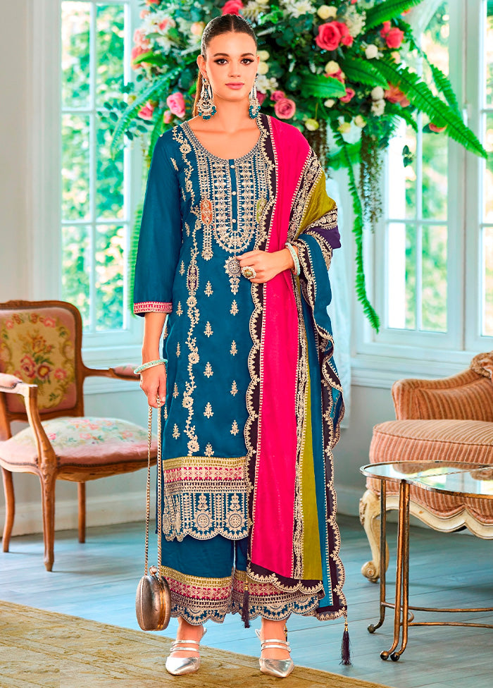 3 Pc Aqua Semi Stitched Silk Suit Set Best Seller Cheap Pice