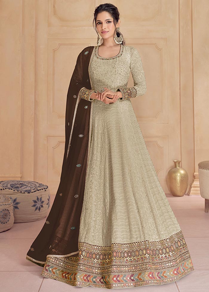 3 Pc Beige Semi Stitched Georgette Suit Set Cheap Sale View