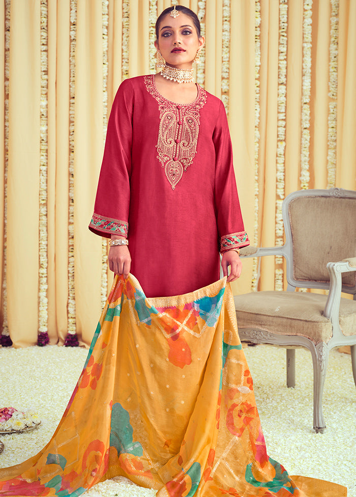 3 Pc Coral Unstitched Pure Silk Suit Set Order Cheap Pice