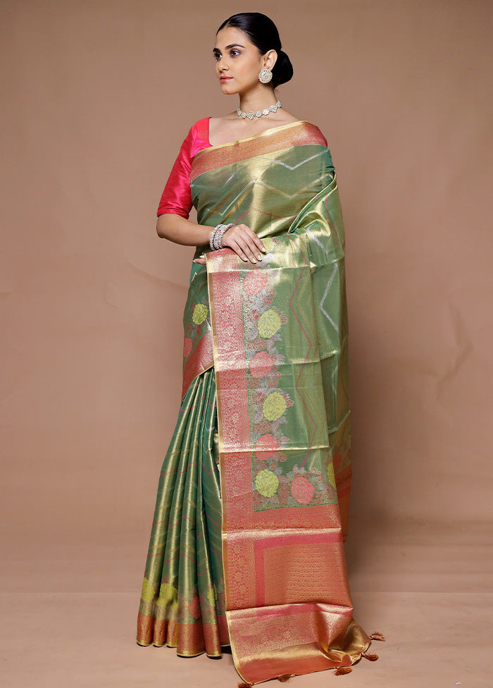 Green Tissue Silk Saree With Blouse Piece Discount Many Kinds Of