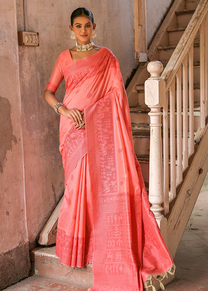 Coral Spun Silk Saree With Blouse Piece Affordable Cheap Online