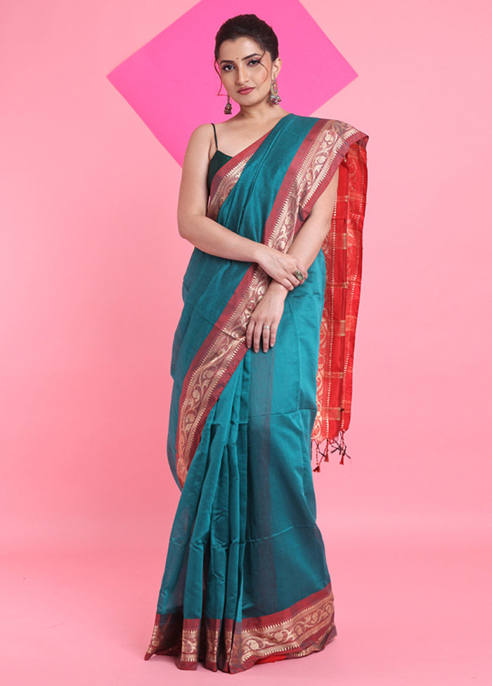 Teal Cotton Saree With Blouse Piece Free Shipping 100% Guaranteed