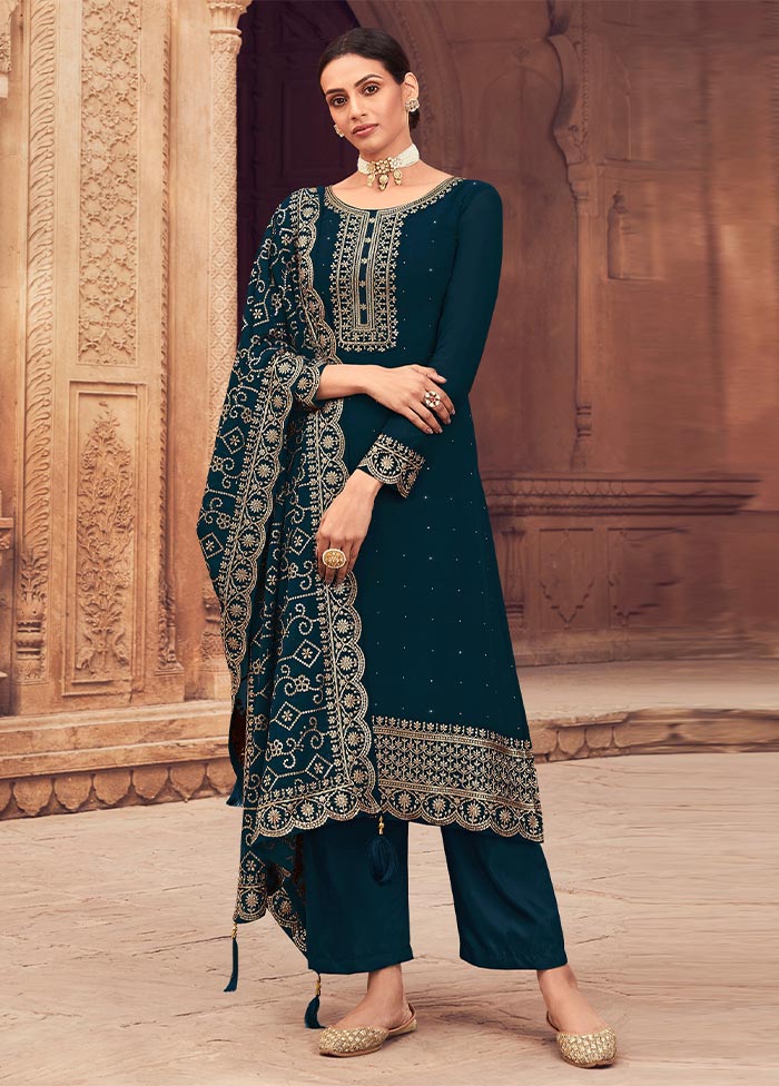 3 Pc Teal Semi Stitched Georgette Suit Set Buy Cheap The Cheapest