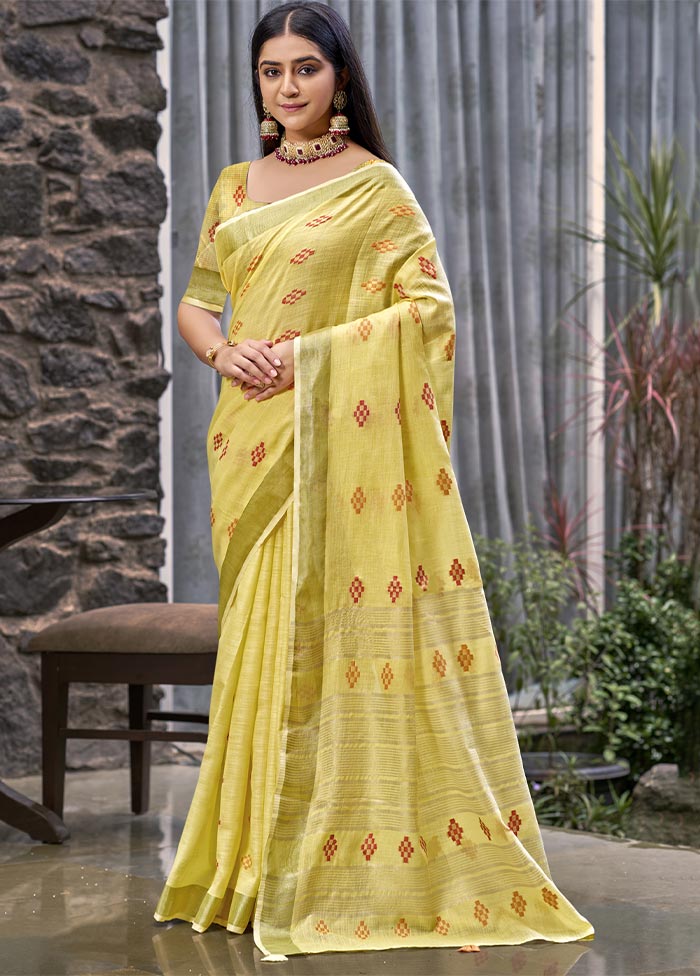 Yellow Linen Silk Saree With Blouse Piece Cheapest Pice Online