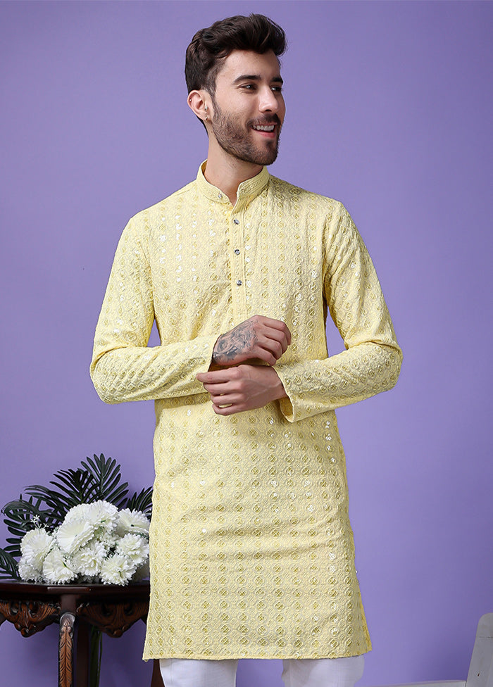 2 Pc Yellow Silk Kurta Pajama Set Classic