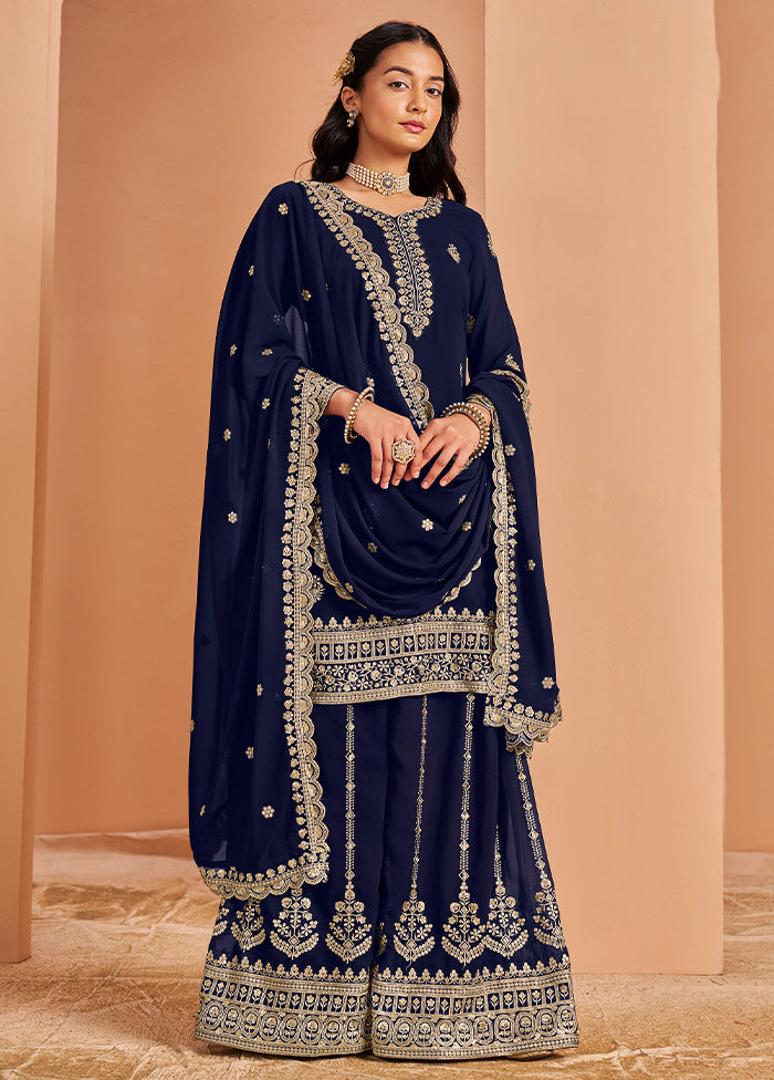 3 Pc Blue Semi Stitched Georgette Suit Set Buy Cheap With Mastercard