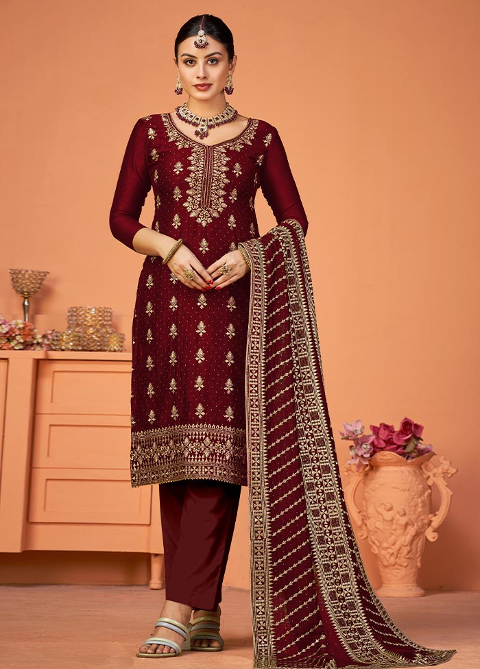 3 Pc Maroon Semi Stitched Georgette Suit Set Popular