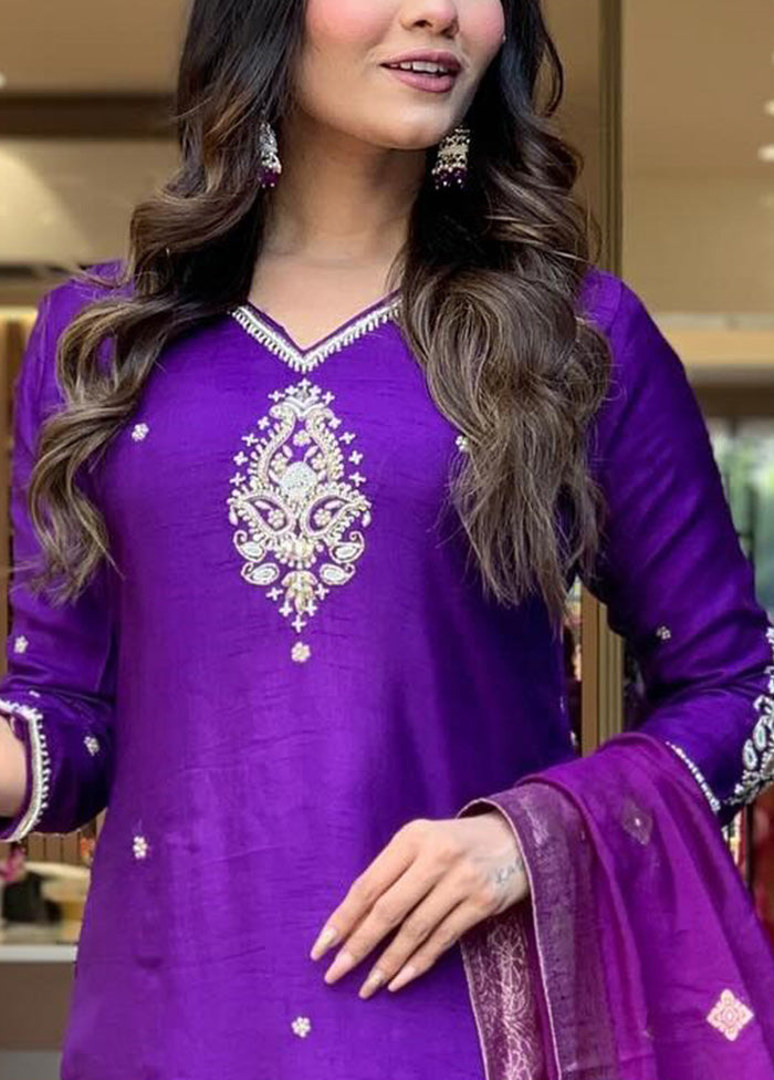 3 Pc Violet Pure Readymade Chanderi Suit Set Good Selling Sale Online