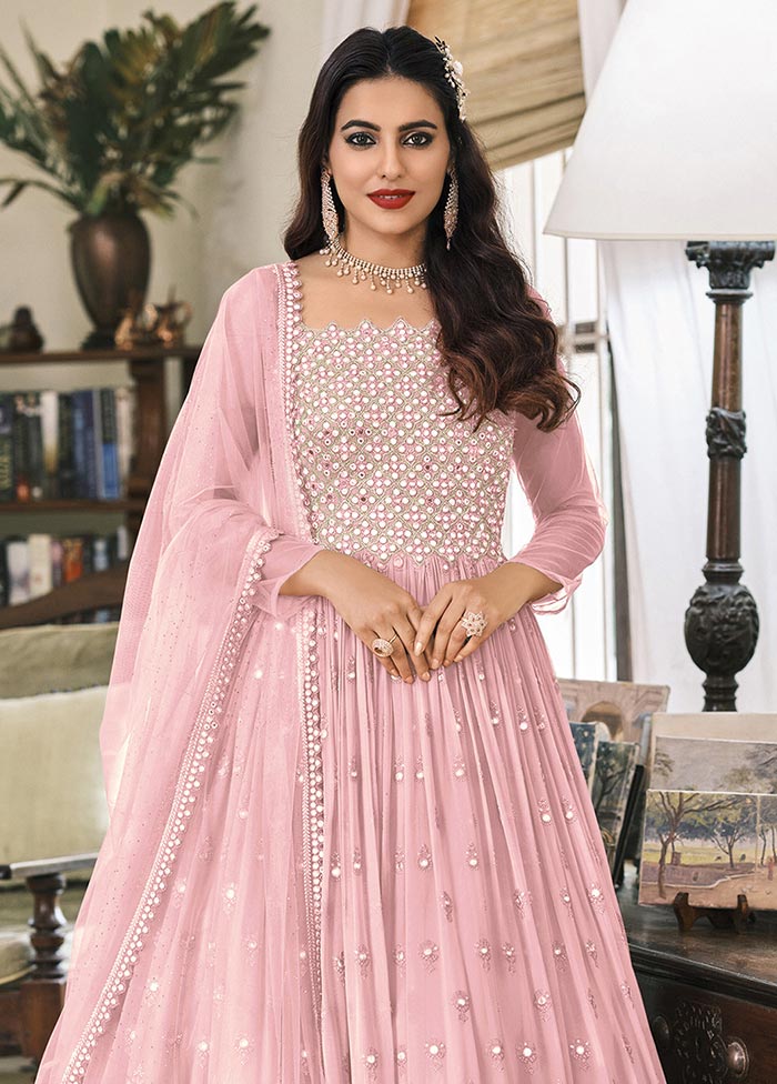 3 Pc Light Pink Semi Stitched Georgette Suit Set Free Shipping Cost