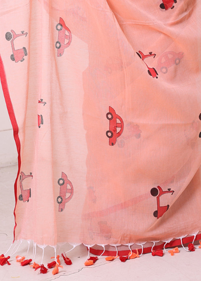 Peach Cotton Uber Print Saree Without Blouse Piece Huge Surprise For Sale