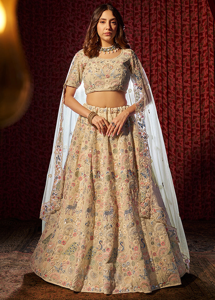 3 Pc Beige Georgette Semi Stitched Lehenga Set Huge Surprise For Sale