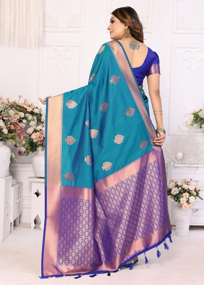 Teal Blue Spun Silk Saree With Blouse Piece Wiki For Sale