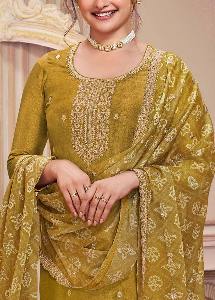 3 Pc Mustard Semi Stitched Georgette Suit Set Clearance Classic