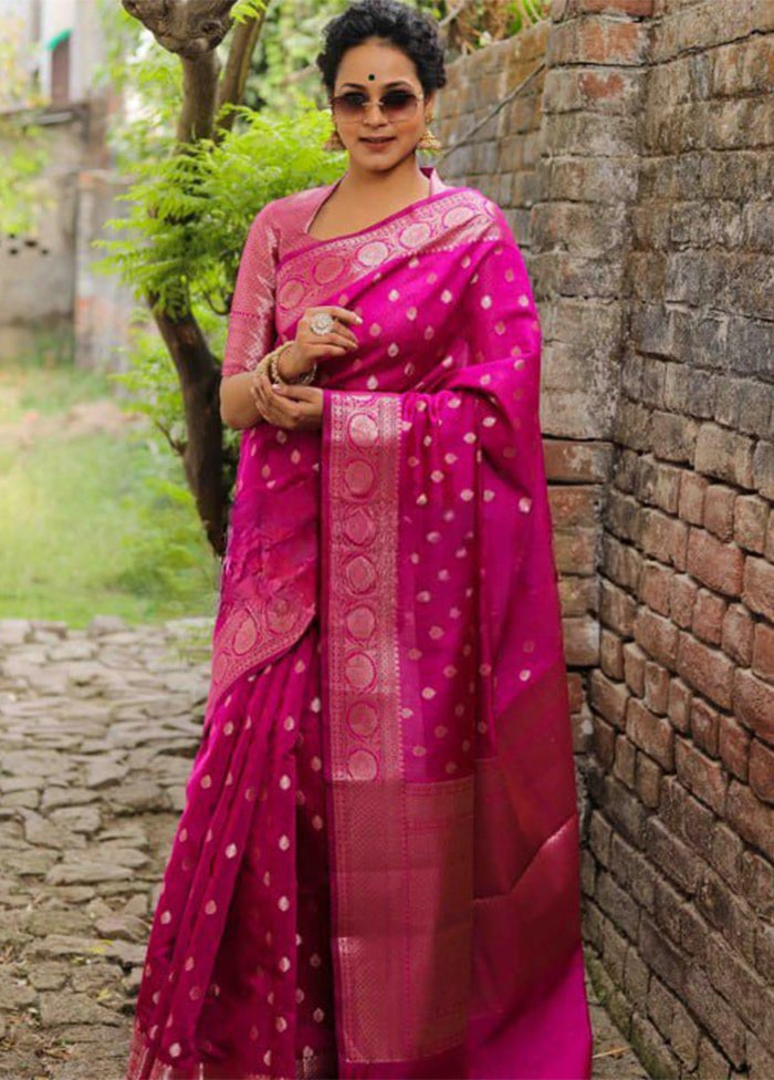 Pink Banarasi Silk Saree With Blouse Piece Free Shipping View