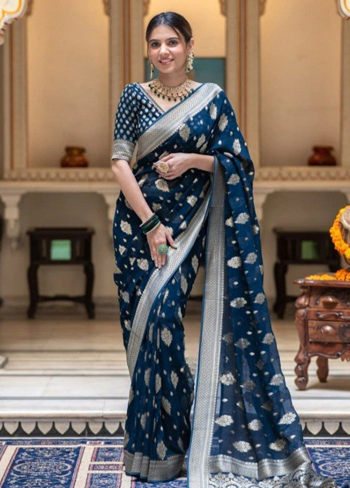 Navy Blue Banarasi Silk Saree With Blouse Piece Cheap Sale Geniue Stockist